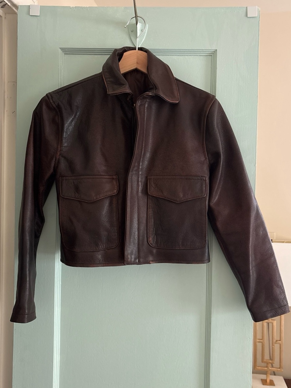 Gorgeous Brown Leather Cropped Jacket with Front Flap Pockets
